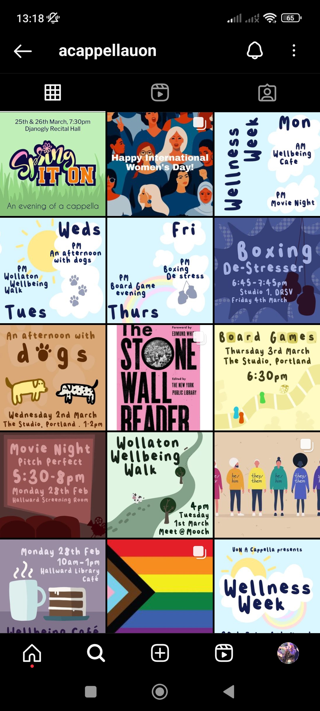 A screenshot of a social media feed featuring multiple colourful illustrated posts advertising a cappella events