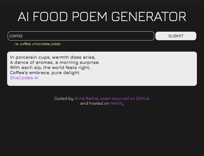 A screenshot of an AI poem generator application