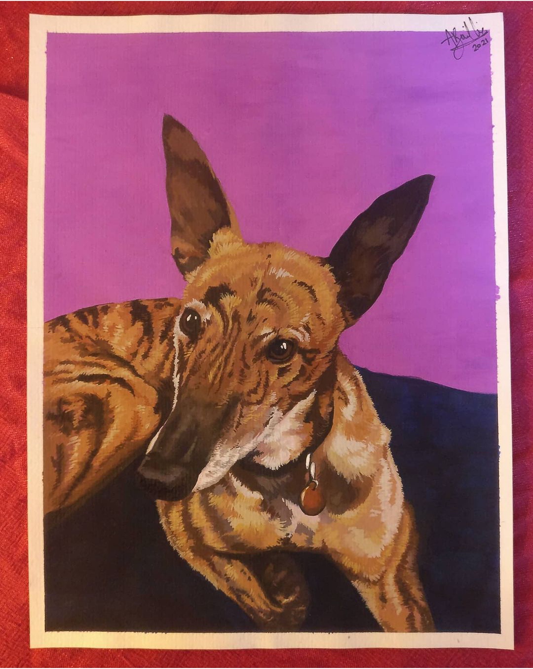 A picture of a gouache painting of a black and orange brindle greyhound on a pink and navy background