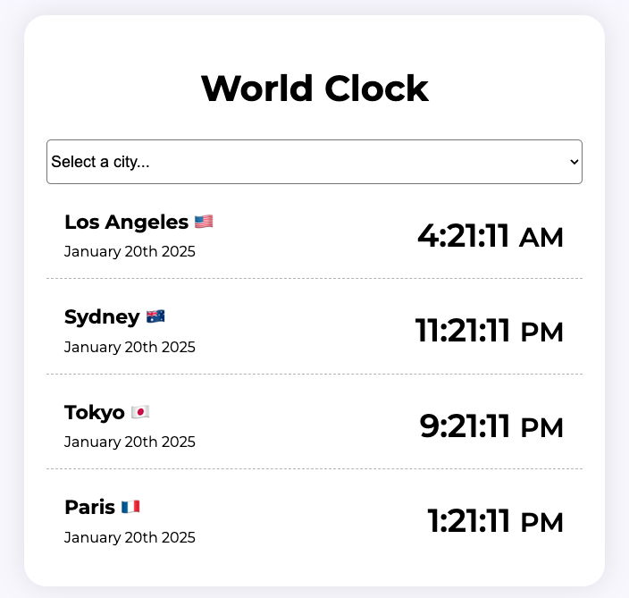 A screenshot of a world clock app